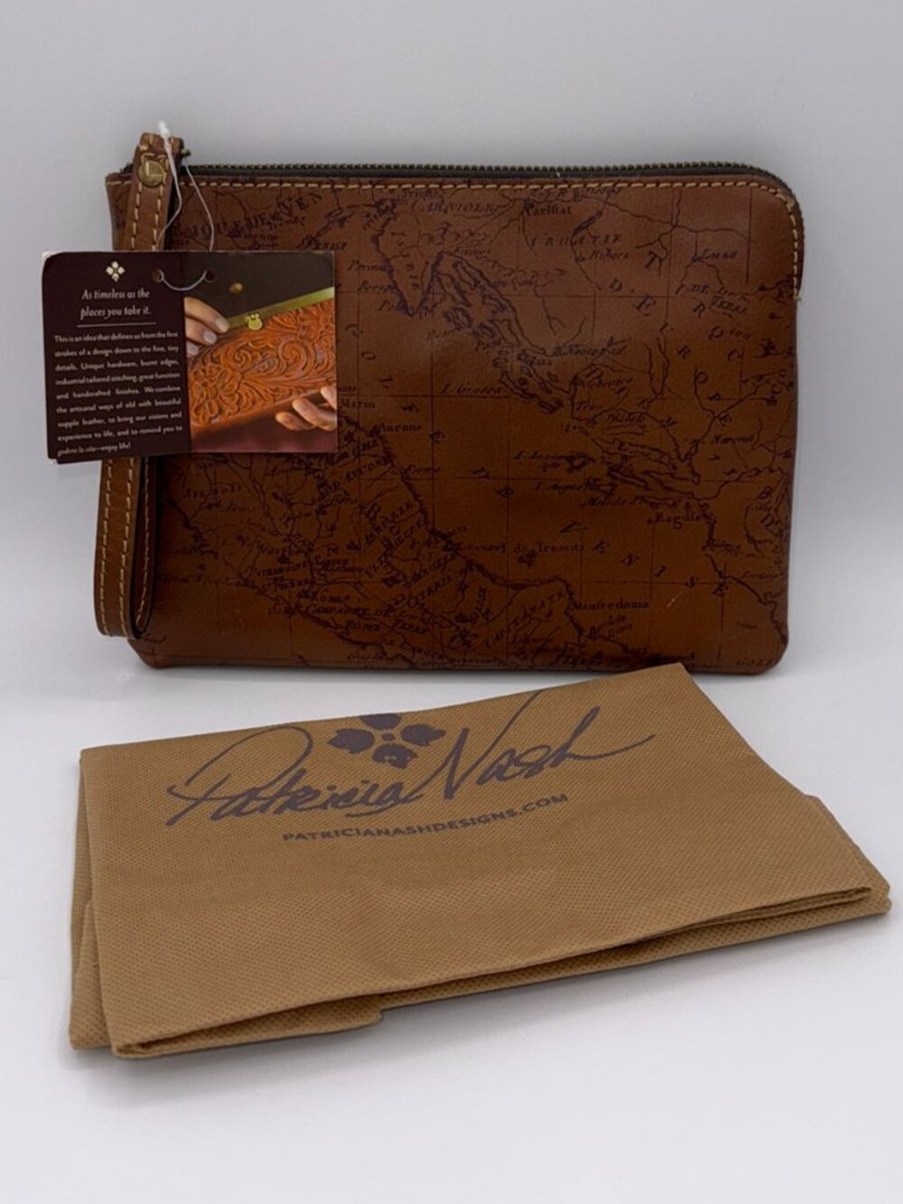 Patricia Nash Map Print Leather Wristlet Pouch – Zippered Bag w/ Dust Bag